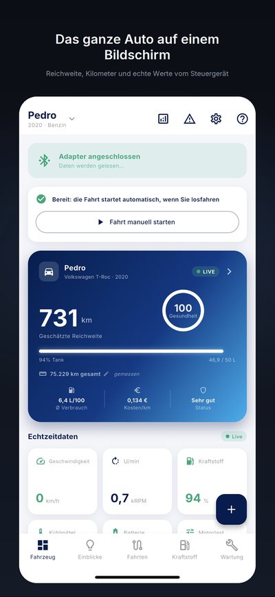 Die Fahrzeugseite: Adapter verbunden, geschätzte Reichweite, Gesundheitswert von 0 bis 100, Durchschnittsverbrauch und Kosten pro Kilometer, Live-Daten.