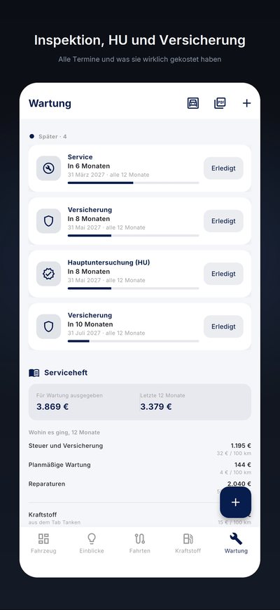 Termine: Wartung, Versicherung und Prüfung mit Countdown sowie das Wartungsheft mit den Wartungskosten.