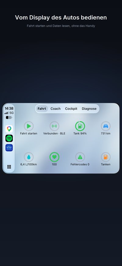 Das Cockpit auf CarPlay: Fahrt starten, Adapter verbunden, Tankstand, Kilometer, Fahrzeugzustand, Verbrauch und Fehlercodes.