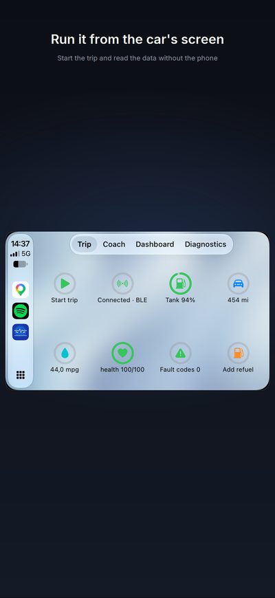 Pulpit w CarPlay: start podróży, podłączony adapter, poziom paliwa, kilometry, stan auta, spalanie i kody błędów.