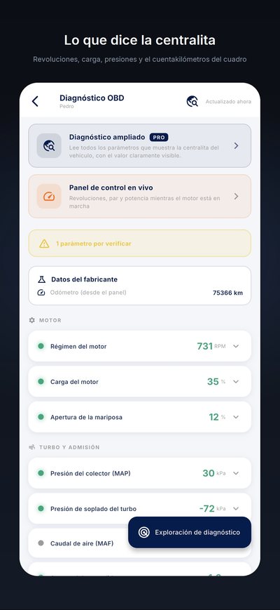 El diagnóstico OBD: revoluciones del motor, carga, apertura de la mariposa, presión del colector, sobrepresión del turbo y kilometraje leído del cuadro.
