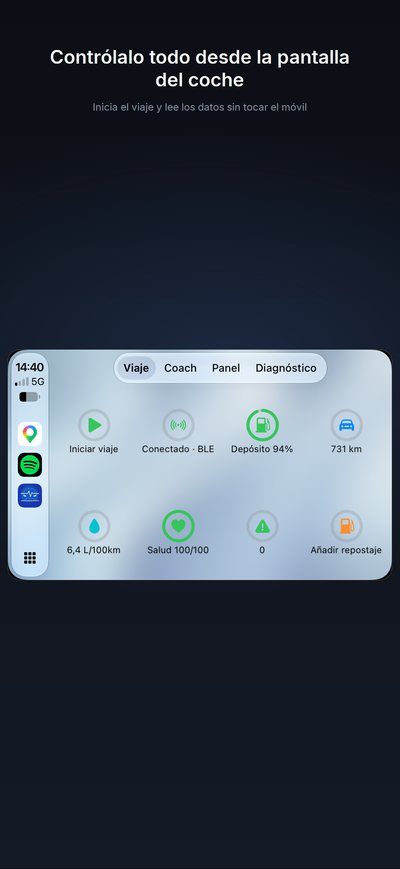 El cuadro de mandos en CarPlay: iniciar el viaje, adaptador conectado, depósito, kilómetros, salud del coche, consumo y códigos de error.