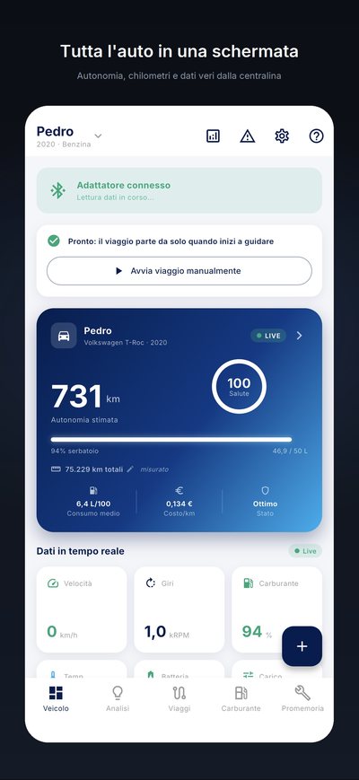 La scheda dell'auto: adattatore connesso, autonomia stimata, stato di salute da 0 a 100, consumo medio e costo al chilometro, dati in tempo reale.