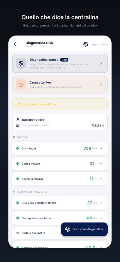 La diagnostica OBD: giri motore, carico, apertura della farfalla, pressione del collettore, sovrapressione del turbo e chilometraggio letto dal quadro.