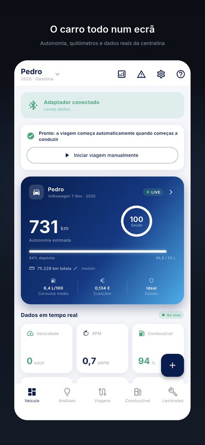 A ficha do carro: adaptador ligado, autonomia estimada, estado de saúde de 0 a 100, consumo médio e custo por quilómetro, dados em tempo real.